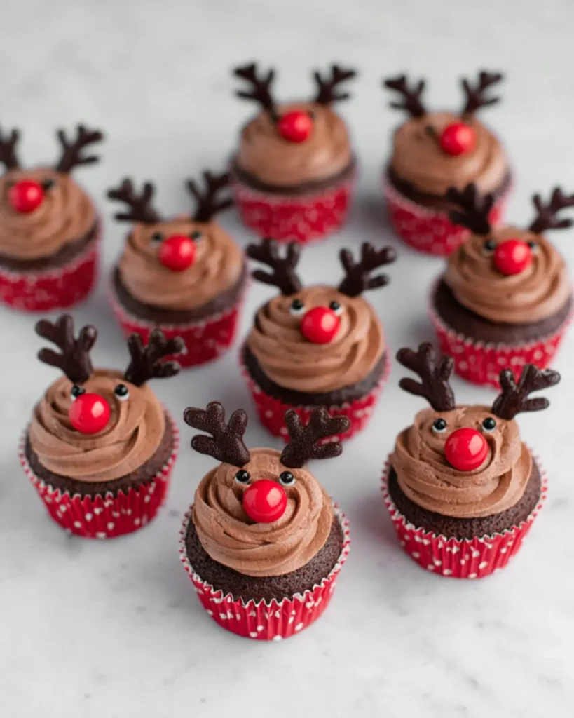 Easy Reindeer Cupcakes with chocolate frosting, red noses, and antlers arranged on a clean white background.