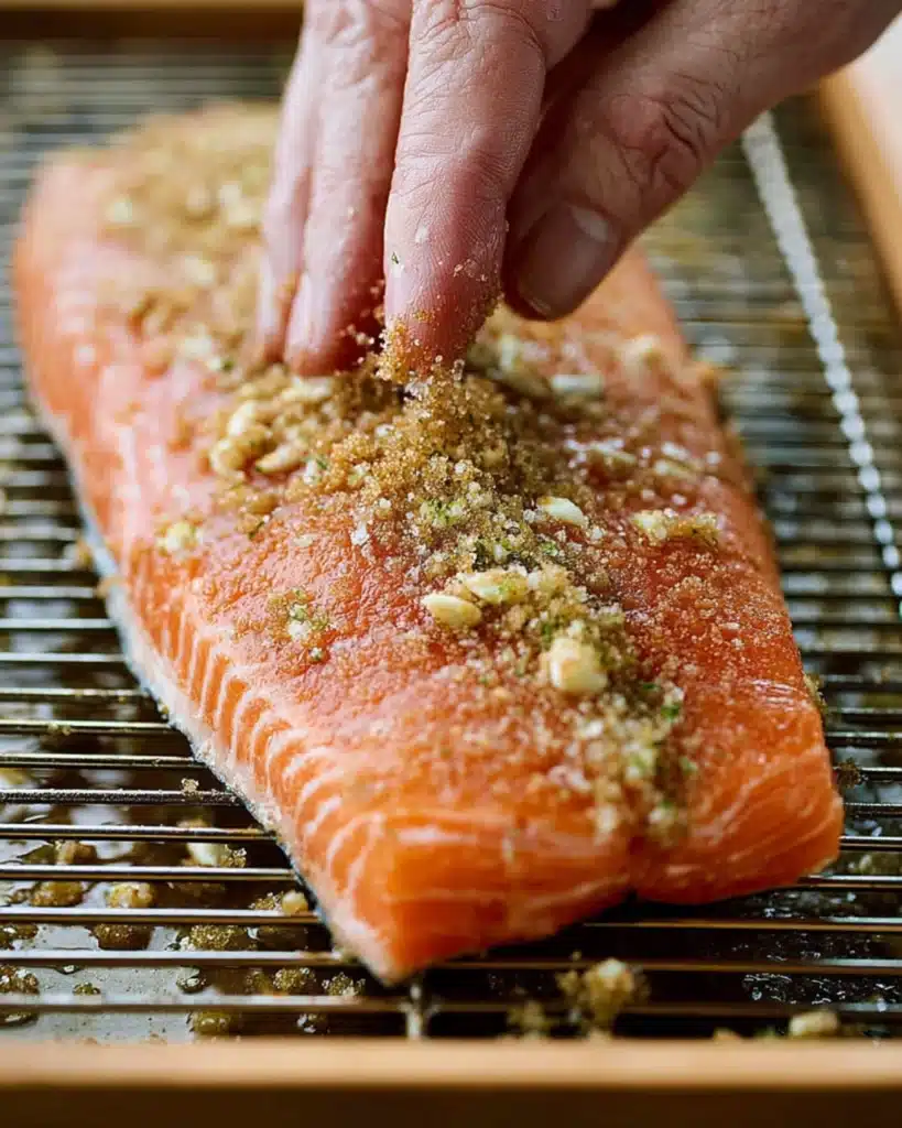 Hand pressing brown sugar and herb dry brine onto raw salmon fillet on a wire rack for smoked salmon preparation.