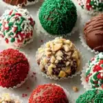Assorted Easy Truffles coated in holiday sprinkles, chopped nuts, and chocolate drizzles.