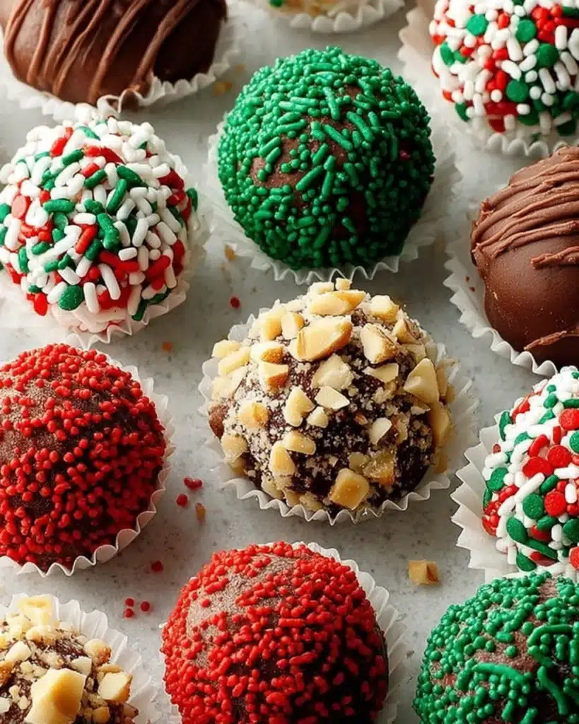 Assorted Easy Truffles coated in holiday sprinkles, chopped nuts, and chocolate drizzles.