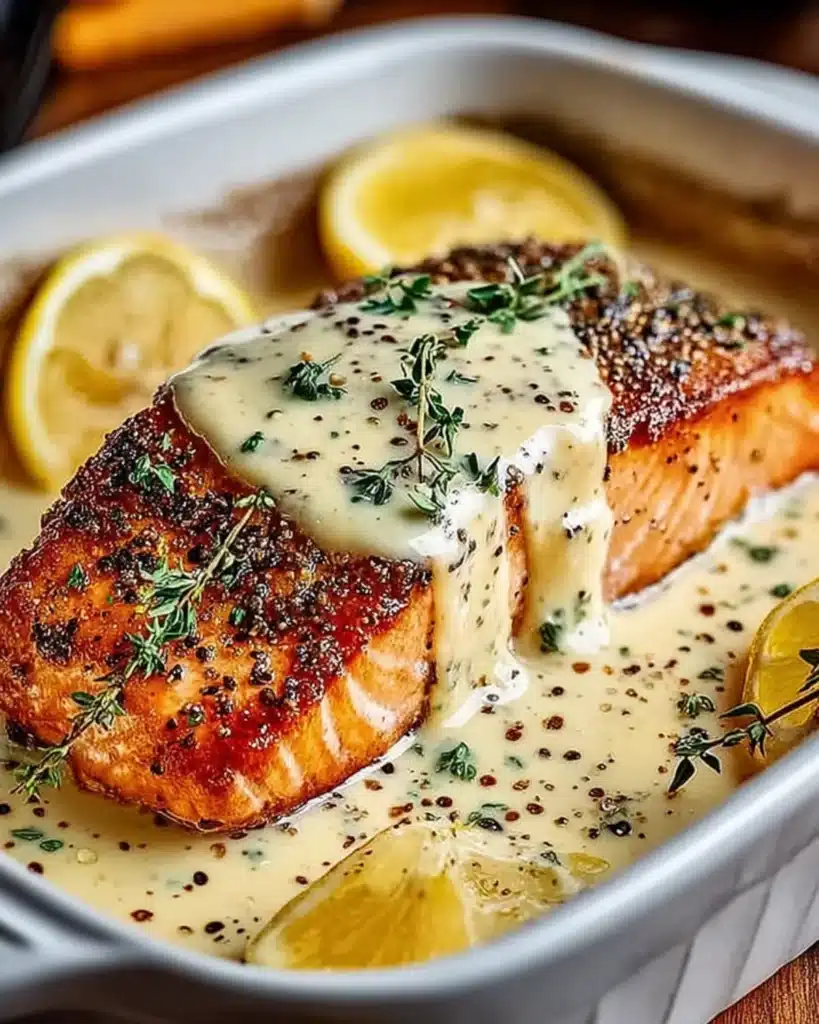 Baked Boursin Salmon fillet topped with creamy garlic herb sauce and fresh thyme in a white baking dish.