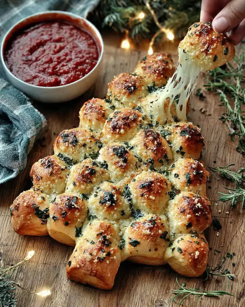 Golden cheesy Christmas tree pull apart bread with herbs and marinara dipping sauce.