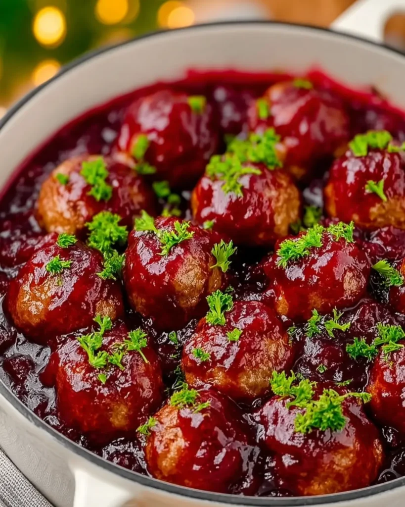 Oven-baked cranberry meatballs coated in rich cranberry glaze served in a white dish with Christmas decor in the background.