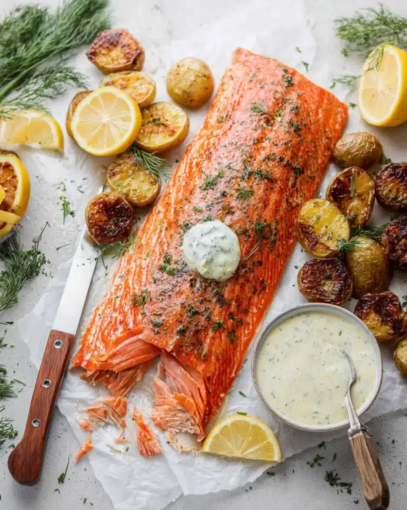 Cooked smoked salmon fillet served with roasted baby potatoes, fresh dill, lemon wedges, and creamy dill sauce.
