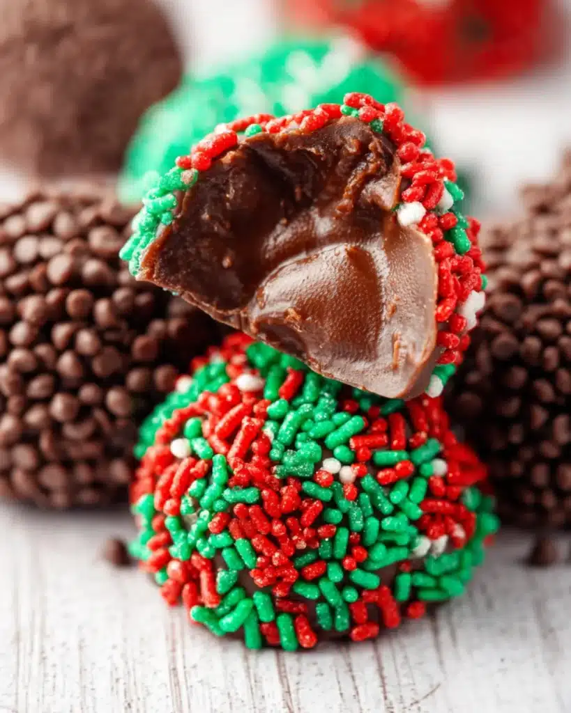 Bite-sized Easy Truffle showing creamy chocolate center and coated in red and green sprinkles.