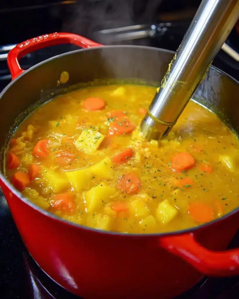 Immersion blender blending pumpkin, carrots, and vegetables in a red pot