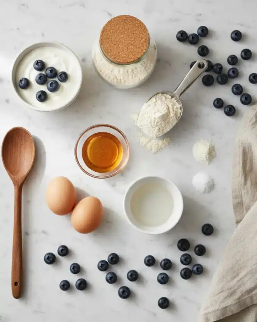 Greek yogurt, blueberries, oat flour, eggs, honey, and protein powder displayed for blueberry protein muffins on marble surface.