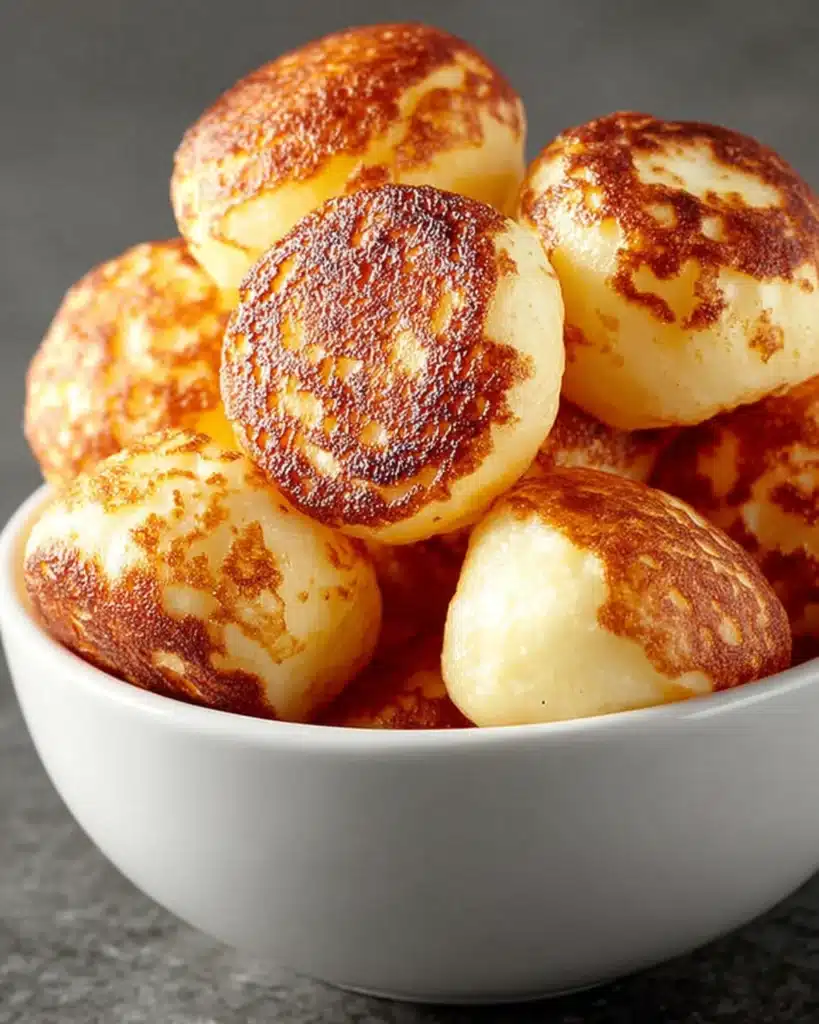 Golden brown Breakfast Pancake Poppers stacked in a white bowl with crisp edges and soft centers