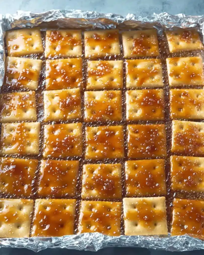 Saltine crackers covered in bubbling caramel on a foil-lined baking sheet for Christmas Crack recipe