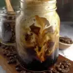 Close-up jar of Iced Brown Sugar Oatmilk Espresso with bold caramel swirls and cold condensation