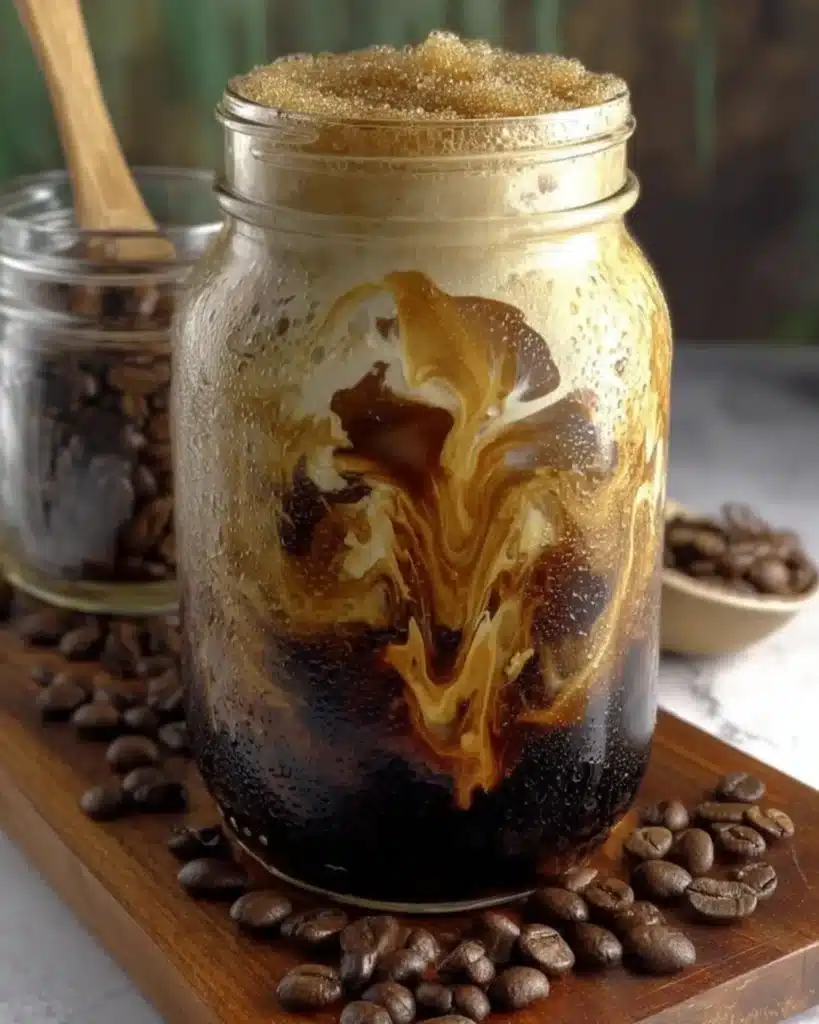Close-up jar of Iced Brown Sugar Oatmilk Espresso with bold caramel swirls and cold condensation