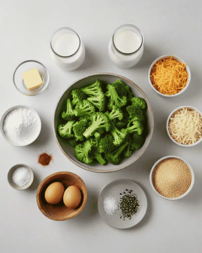 Fresh broccoli florets, milk, cheese, eggs, butter, breadcrumbs, and seasonings arranged on a light surface for making a cheesy broccoli casserole.