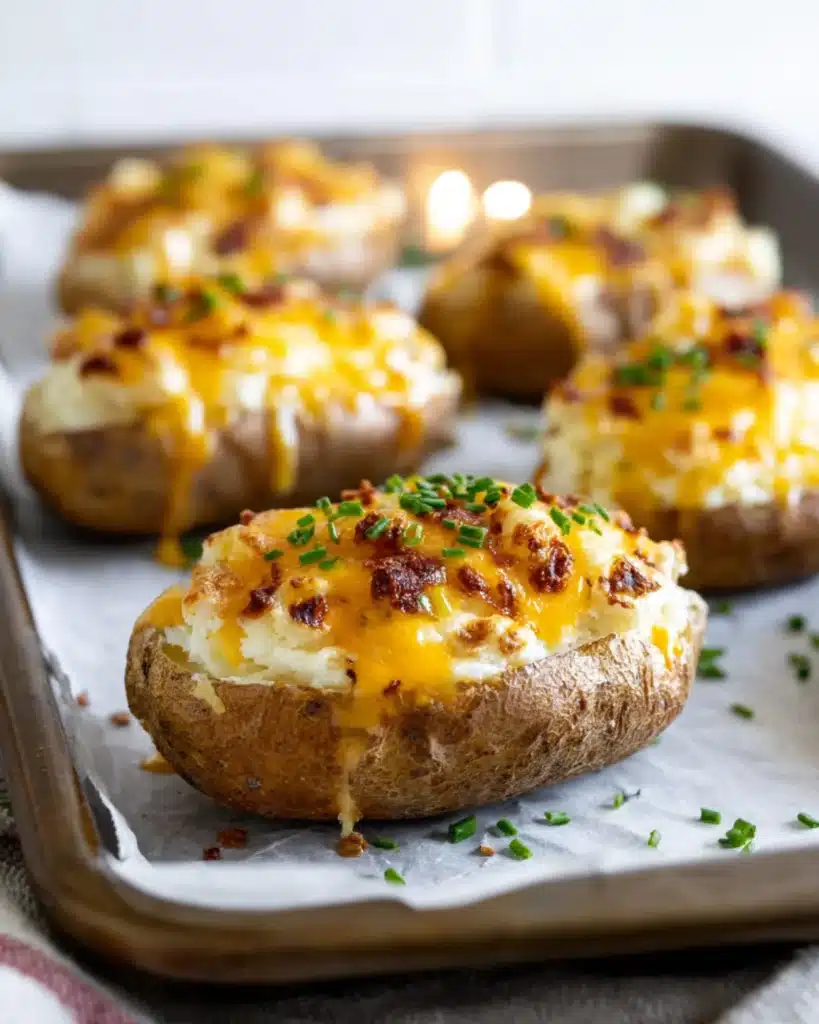 Twice baked potatoes topped with melted cheddar cheese, crispy beef bits, and chives on a baking tray