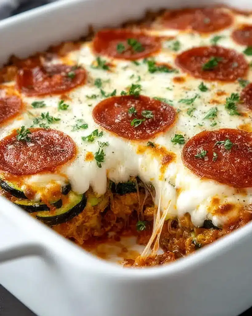 Close-up of cheesy zucchini pizza casserole with pepperoni and melted mozzarella