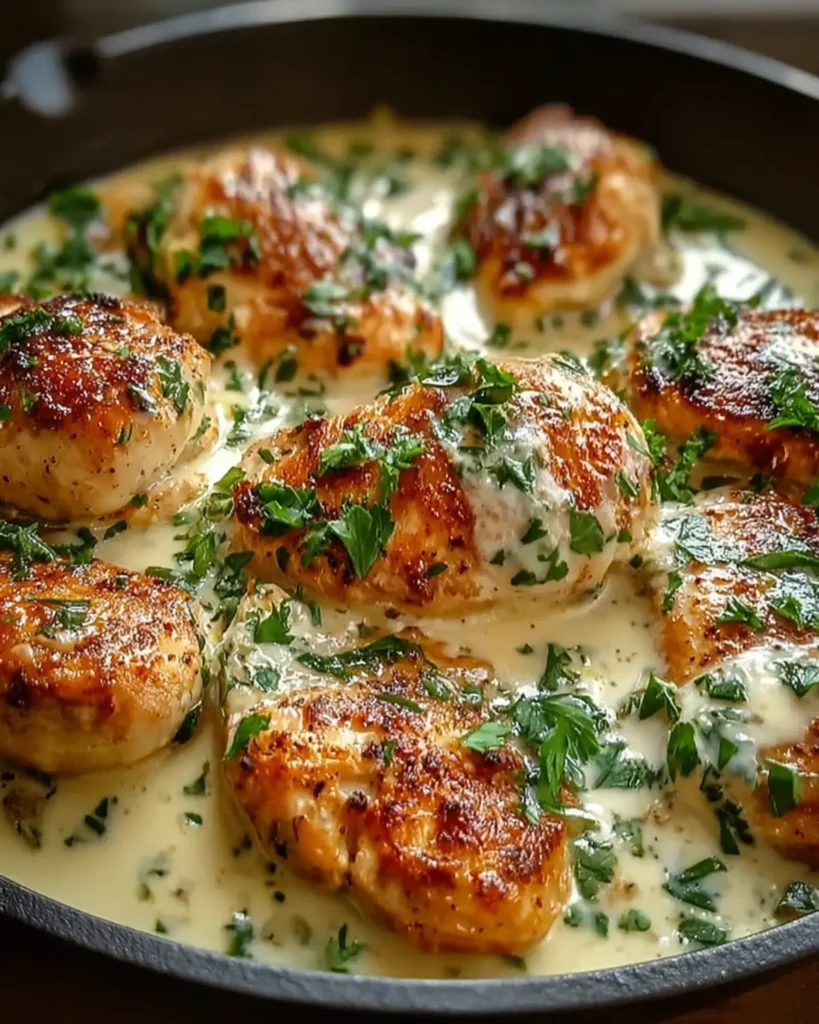Golden, seared chicken breasts in a creamy sauce with fresh parsley, cooking in a skillet, creating a flavorful Chicken Florentine dish.