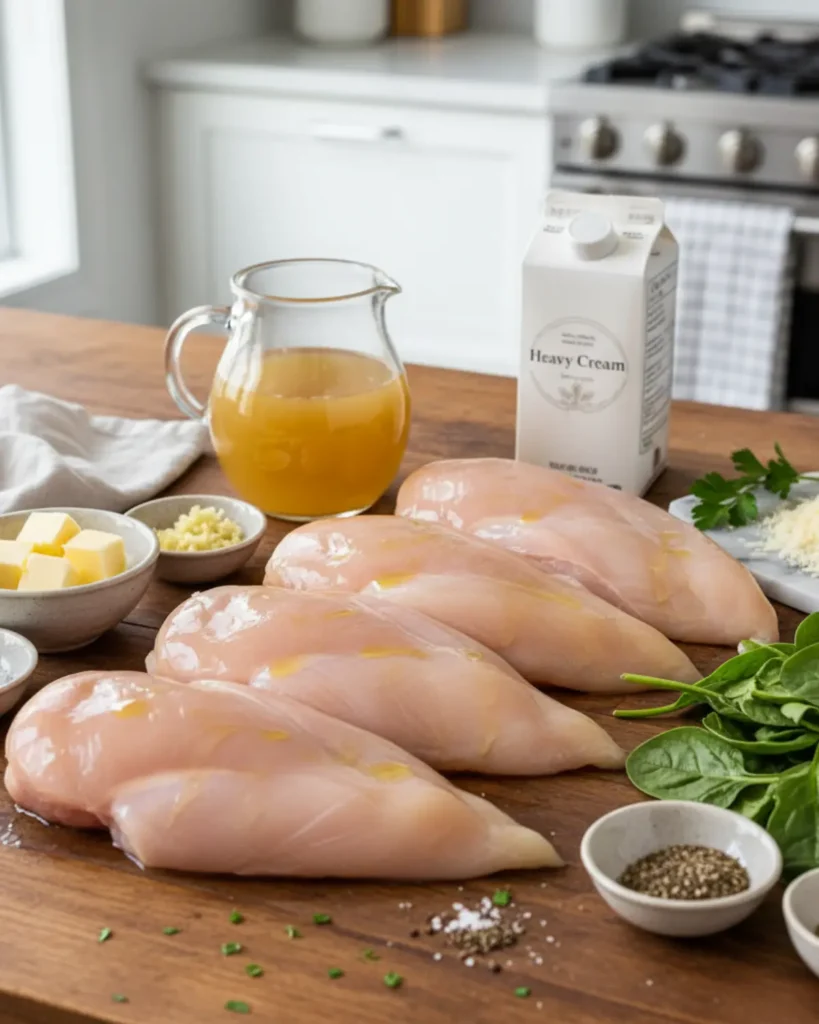 Ingredients for Chicken Florentine, including raw chicken breasts, chicken broth, heavy cream, butter, garlic, and fresh parsley, neatly arranged on a wooden kitchen counter.
