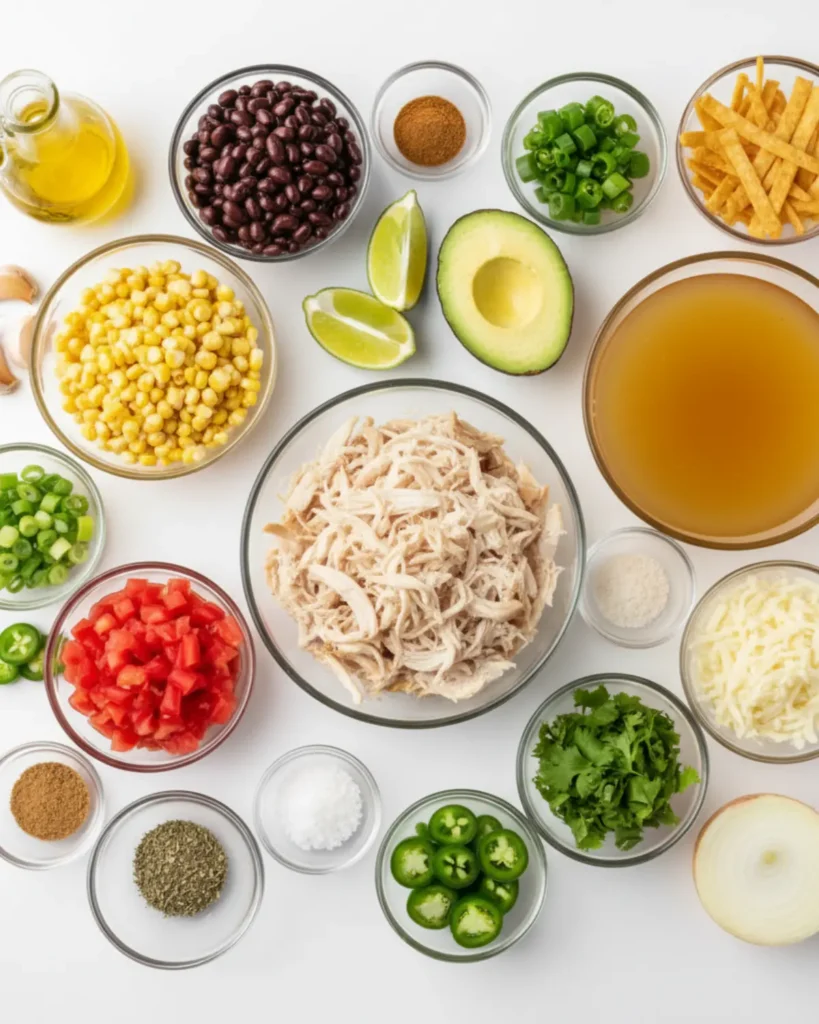 Overhead view of Chicken Tortilla Soup ingredients including shredded chicken, corn, black beans, avocado, lime, and spices arranged in glass bowls on a white surface.