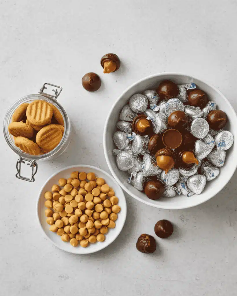 A bowl of chocolate caramel candies, a jar of mini cookies, and a plate of butterscotch chips arranged on a light surface for making easy holiday cookie bites.