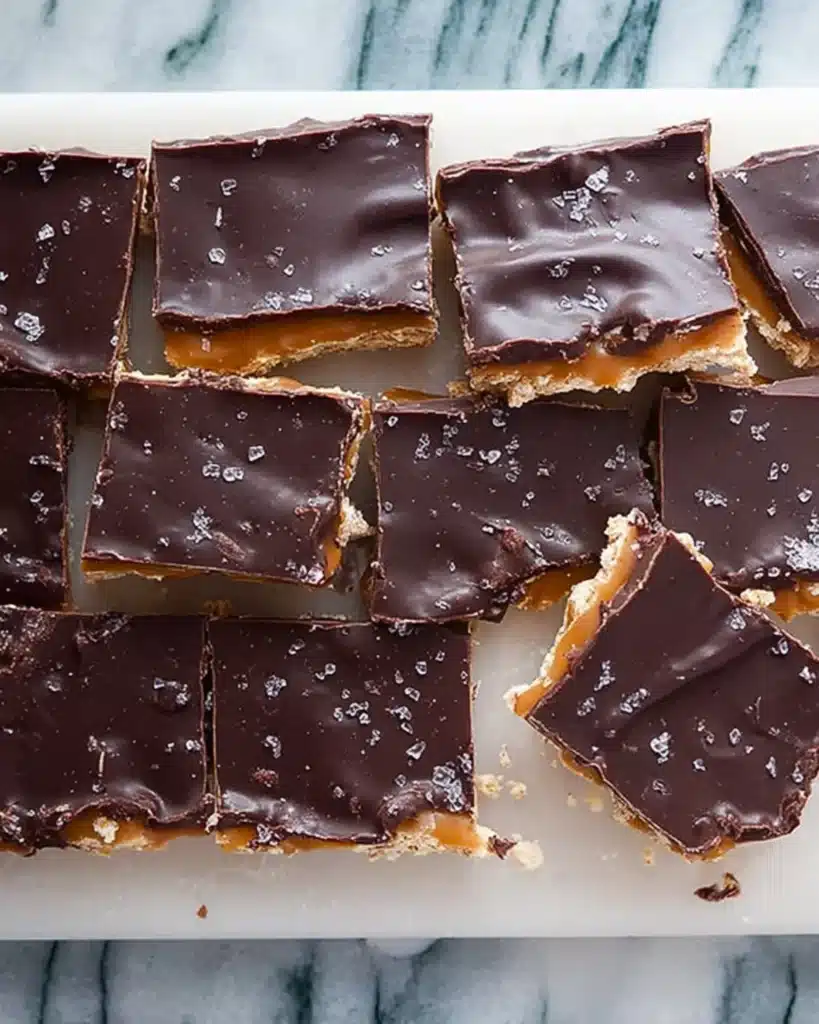 Squares of Christmas Crack recipe candy topped with sea salt on a white cutting board