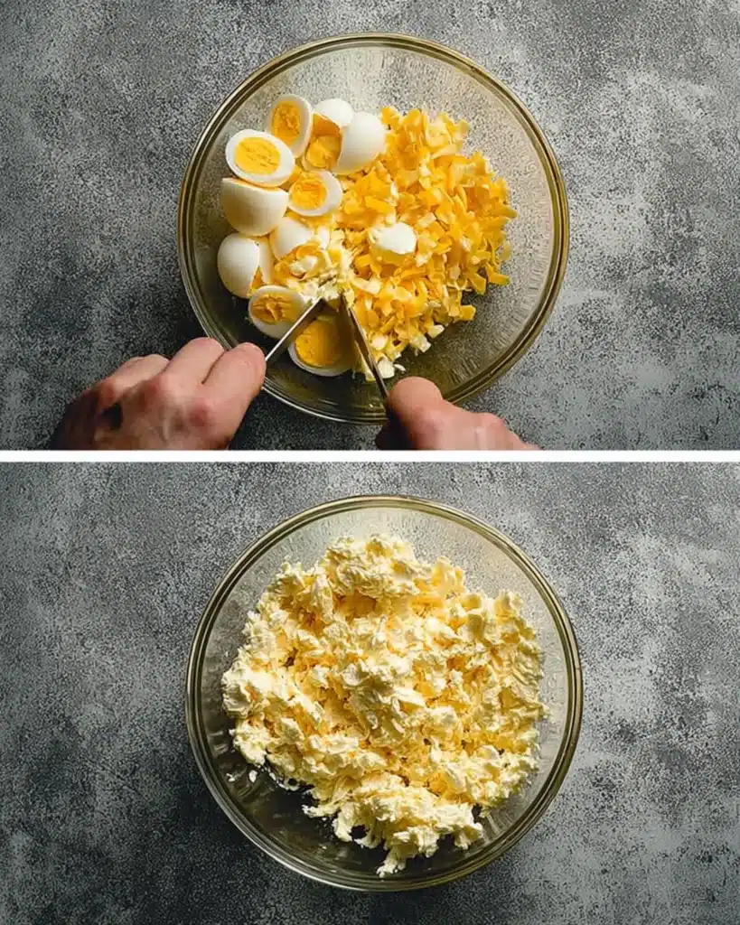 Hands chopping boiled eggs in a glass bowl before mixing into Japanese egg salad.