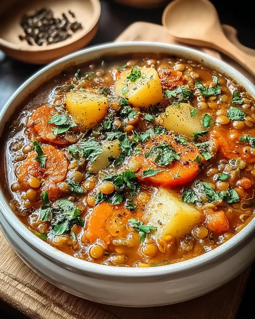 A bowl of classic Lentil Soup topped with chopped parsley, filled with lentils, carrots, and potatoes.