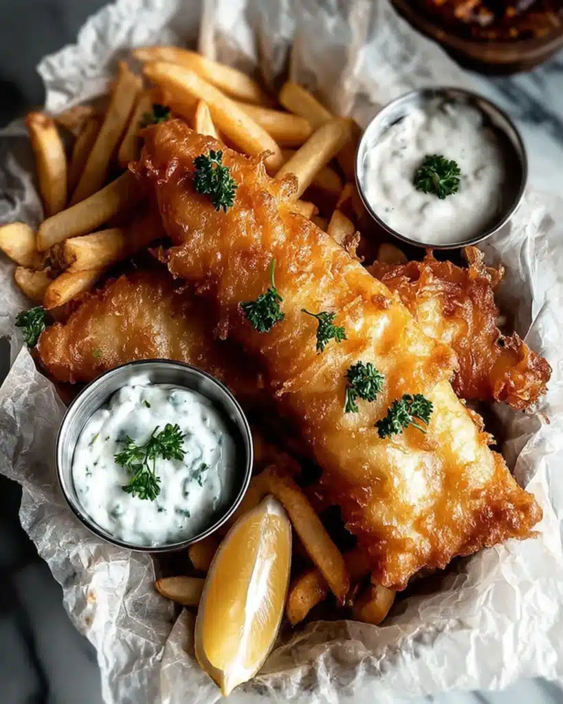 Pub-style Battered Fish and Chips served with parsley and tartar sauce