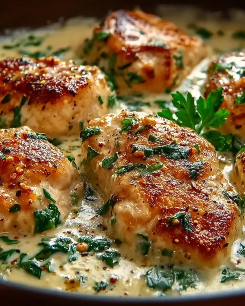 Close-up of golden seared chicken breasts in creamy sauce with fresh parsley, highlighting the crispy texture and creamy richness of Chicken Florentine.