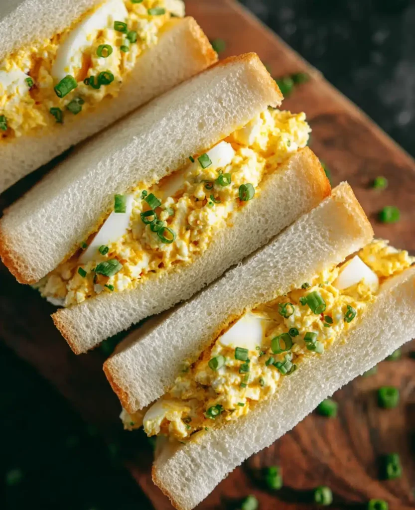 Close-up of fluffy Japanese egg sandwiches filled with creamy egg salad and sliced green onions.