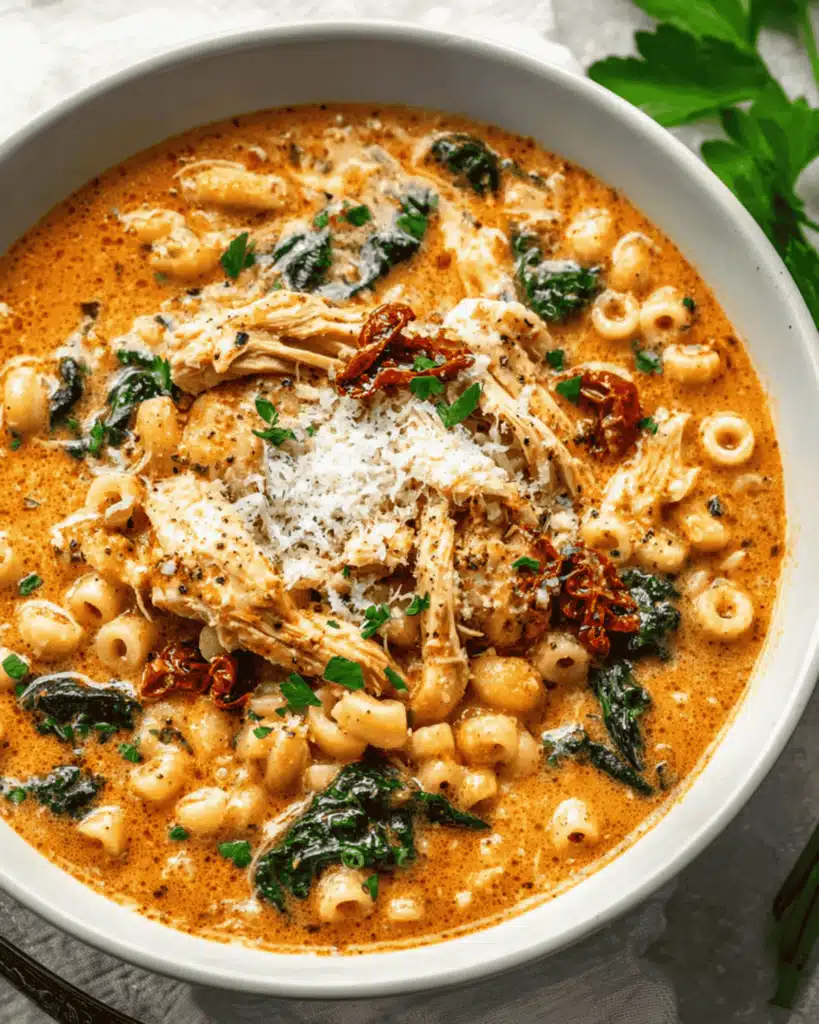 Close-up of Marry Me Chicken Soup topped with parmesan, spinach, and sun-dried tomatoes