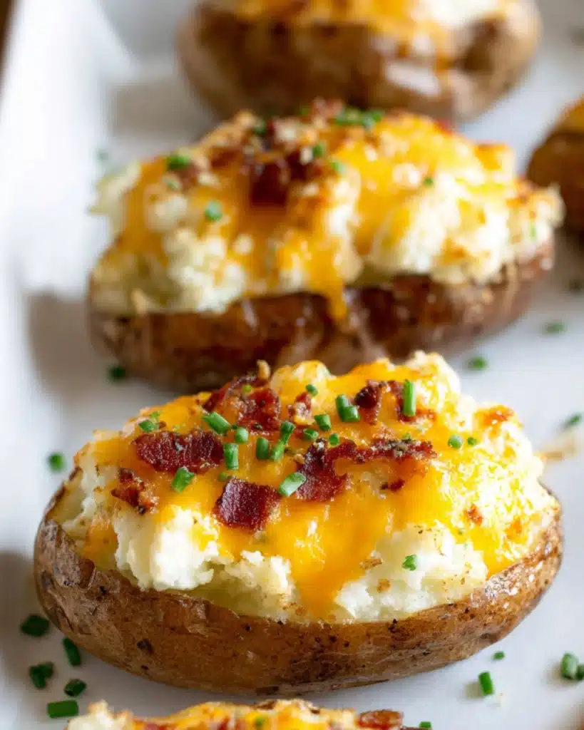Close-up of golden twice baked potato topped with cheddar cheese, beef, and chopped chives