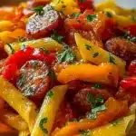 Close-up of Sweet Pepper Sausage Pasta with fresh parsley and colorful peppers