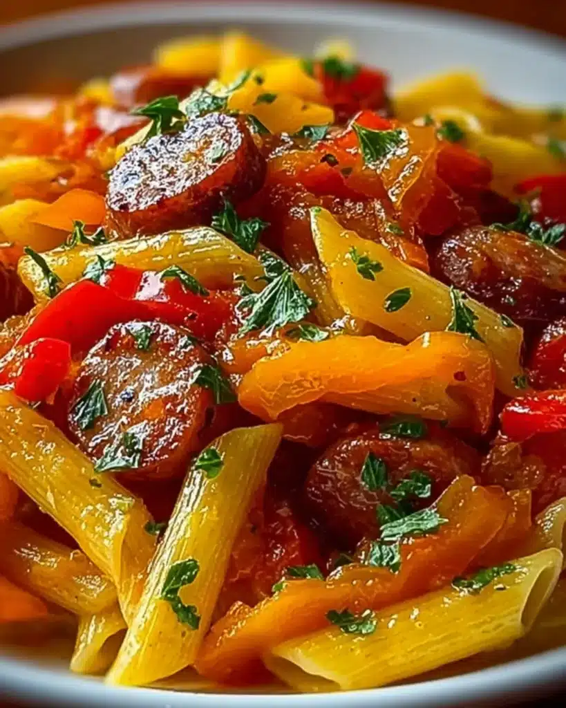 Close-up of Sweet Pepper Sausage Pasta with fresh parsley and colorful peppers
