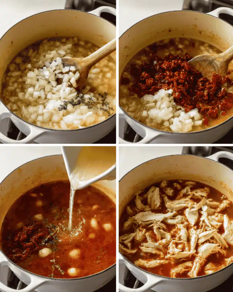 Step-by-step process cooking onions, tomato paste, broth, and chicken for creamy Marry Me Chicken Soup