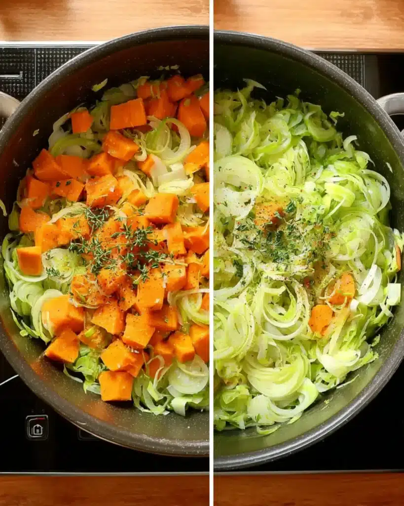Sautéed leeks and pumpkin cubes cooking with thyme in a pot on stovetop