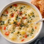 Warm bowl of creamy cauliflower soup garnished with herbs and served with bread