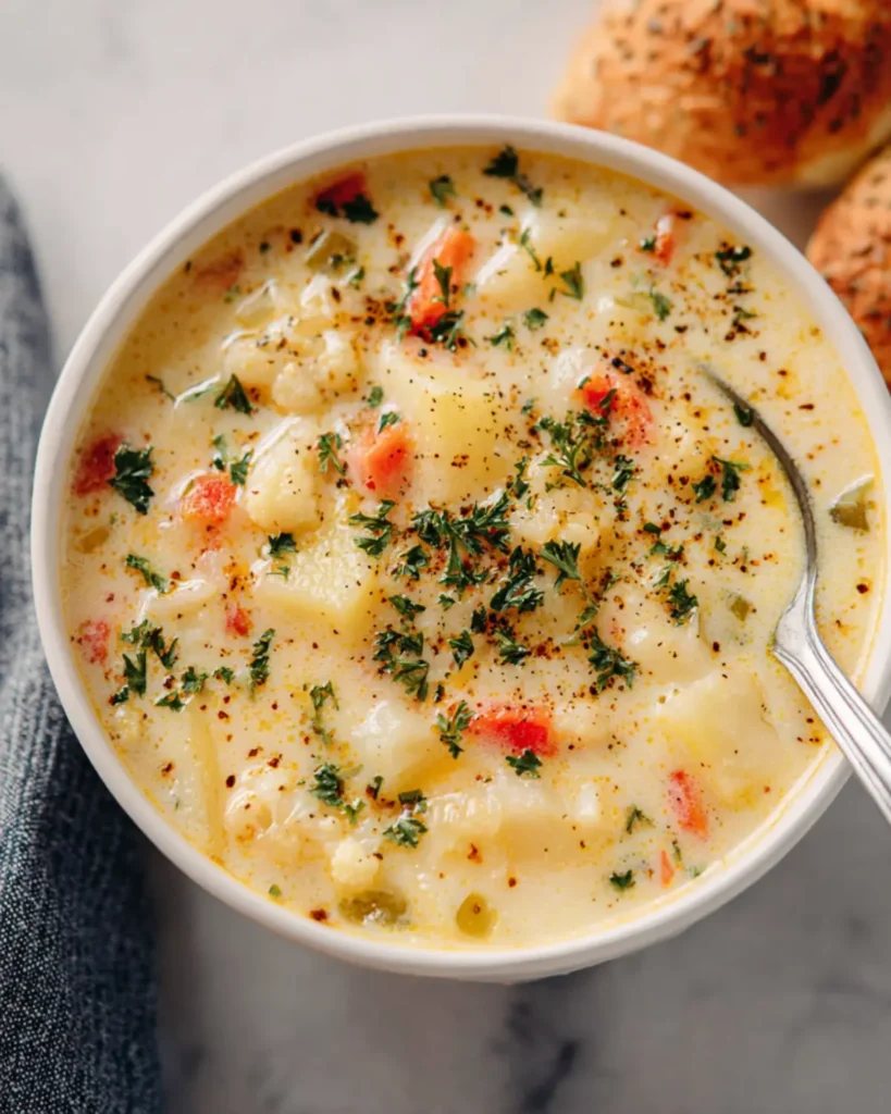 Creamy cauliflower soup served in a white bowl topped with parsley and black pepper