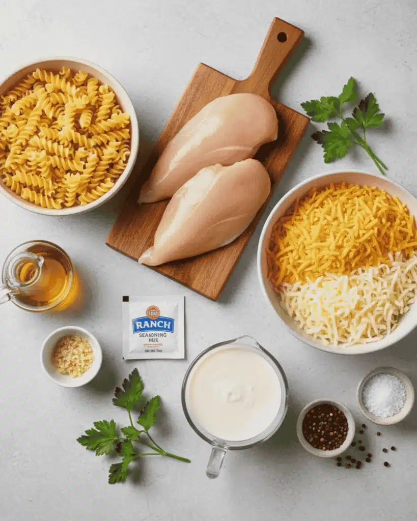 Ingredients for creamy chicken ranch pasta arranged on a light surface, including dry rotini pasta, raw chicken breasts, shredded cheeses, ranch seasoning, cream sauce, garlic, herbs, and spices.
