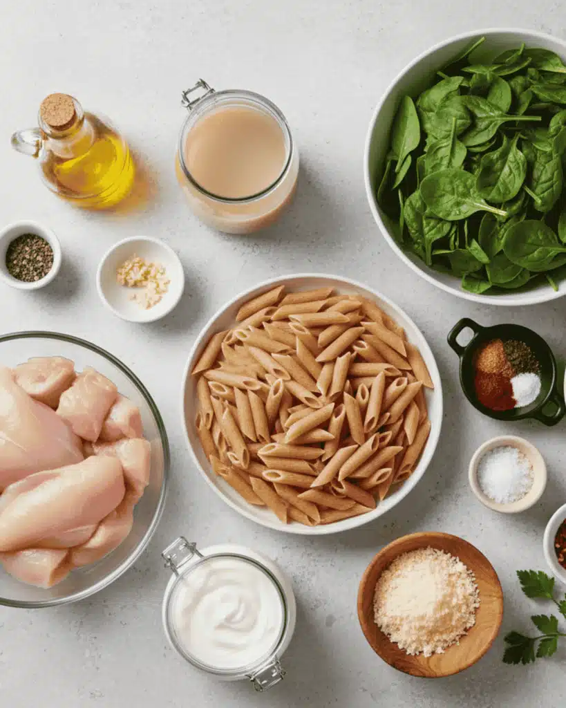 Ingredients for a creamy chicken spinach pasta recipe displayed on a countertop, including raw chicken, whole-wheat penne, spinach, seasonings, garlic, broth, Greek yogurt, olive oil, and grated cheese.