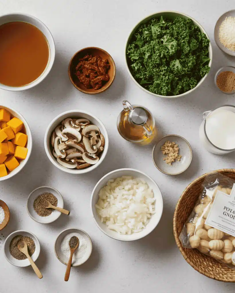 Ingredients for a creamy gnocchi vegetable skillet arranged on a countertop, including potato gnocchi, kale, mushrooms, butternut squash, broth, milk, sun-dried tomatoes, onions, garlic, olive oil, and seasonings.