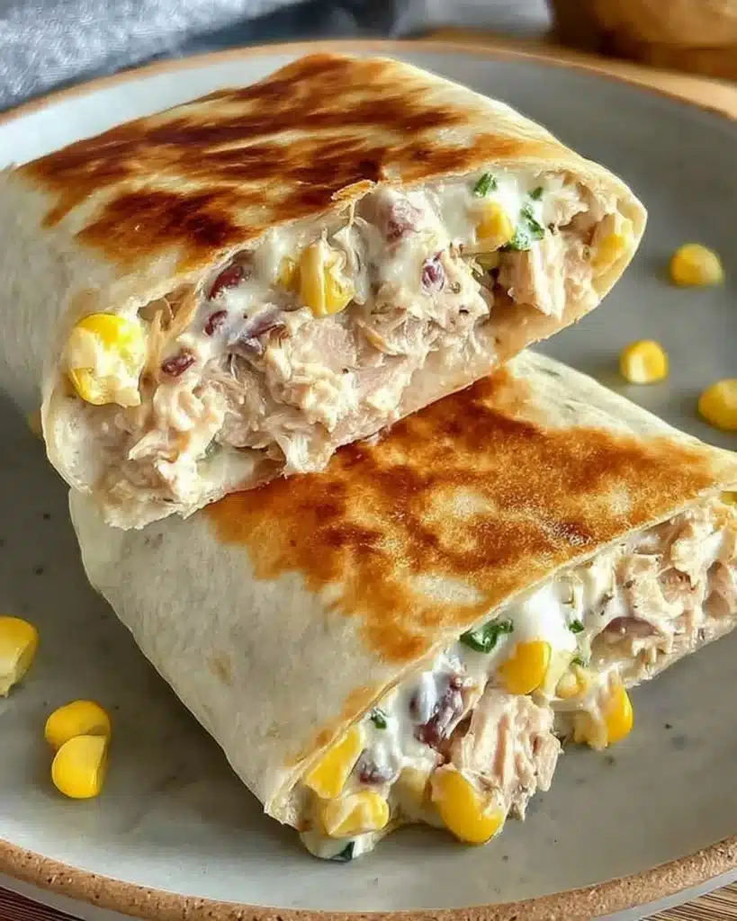 Golden grilled tuna melt wrap cut in half on a plate with creamy tuna and corn filling.