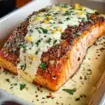 Baked Boursin Salmon fillet drizzled with creamy lemon garlic sauce and sprinkled with parsley.