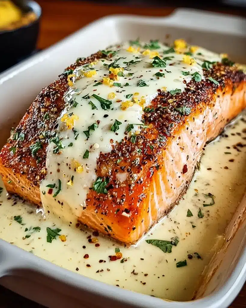 Baked Boursin Salmon fillet drizzled with creamy lemon garlic sauce and sprinkled with parsley.