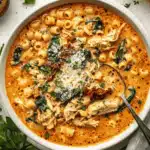 Creamy Marry Me Chicken Soup with ditalini pasta, spinach, sun-dried tomatoes, and parmesan in a white bowl