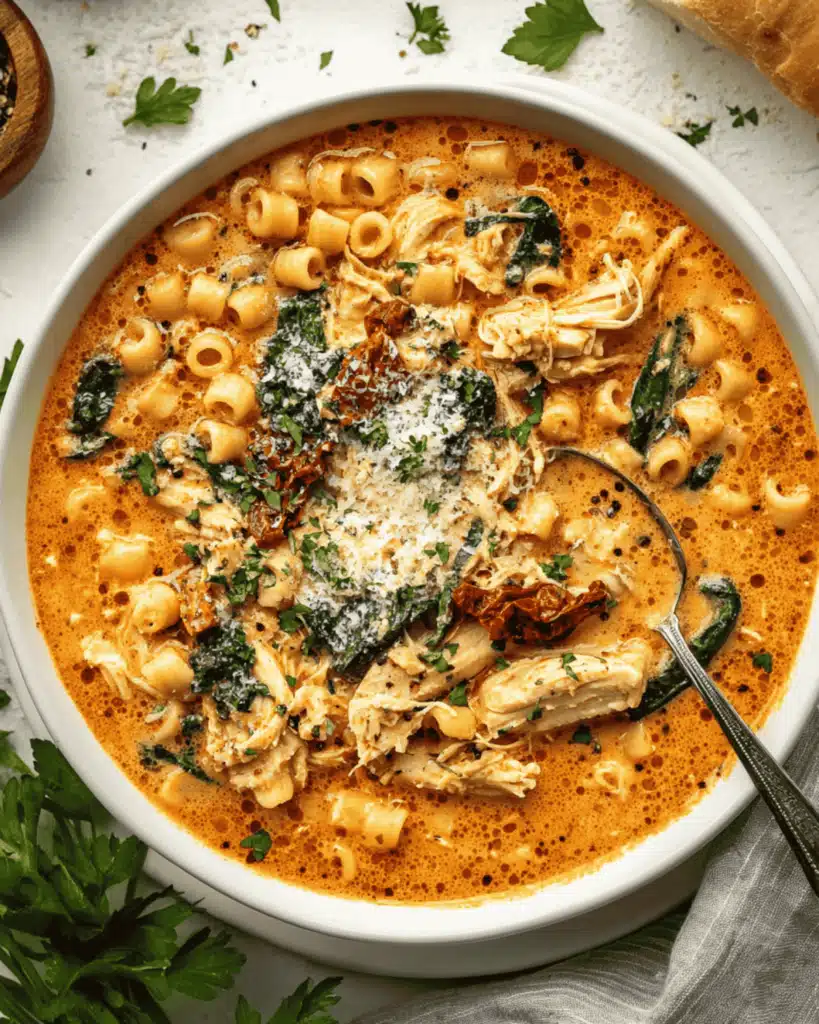 Creamy Marry Me Chicken Soup with ditalini pasta, spinach, sun-dried tomatoes, and parmesan in a white bowl