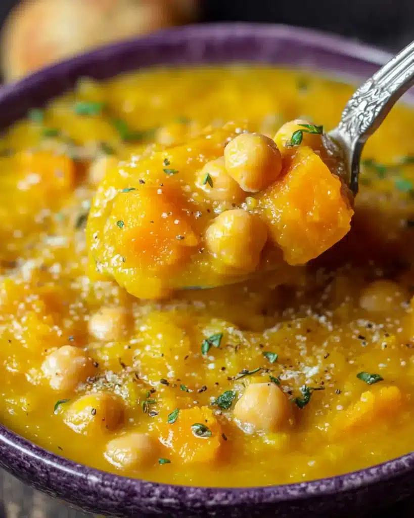 Close-up of a spoonful of creamy Pumpkin and Leek Soup with chickpeas and herbs