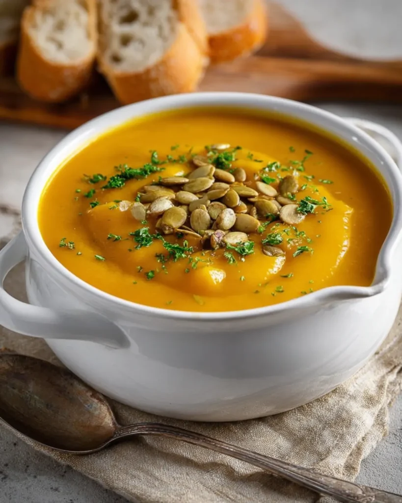 Smooth pumpkin ginger soup garnished with pumpkin seeds and herbs in a white soup bowl