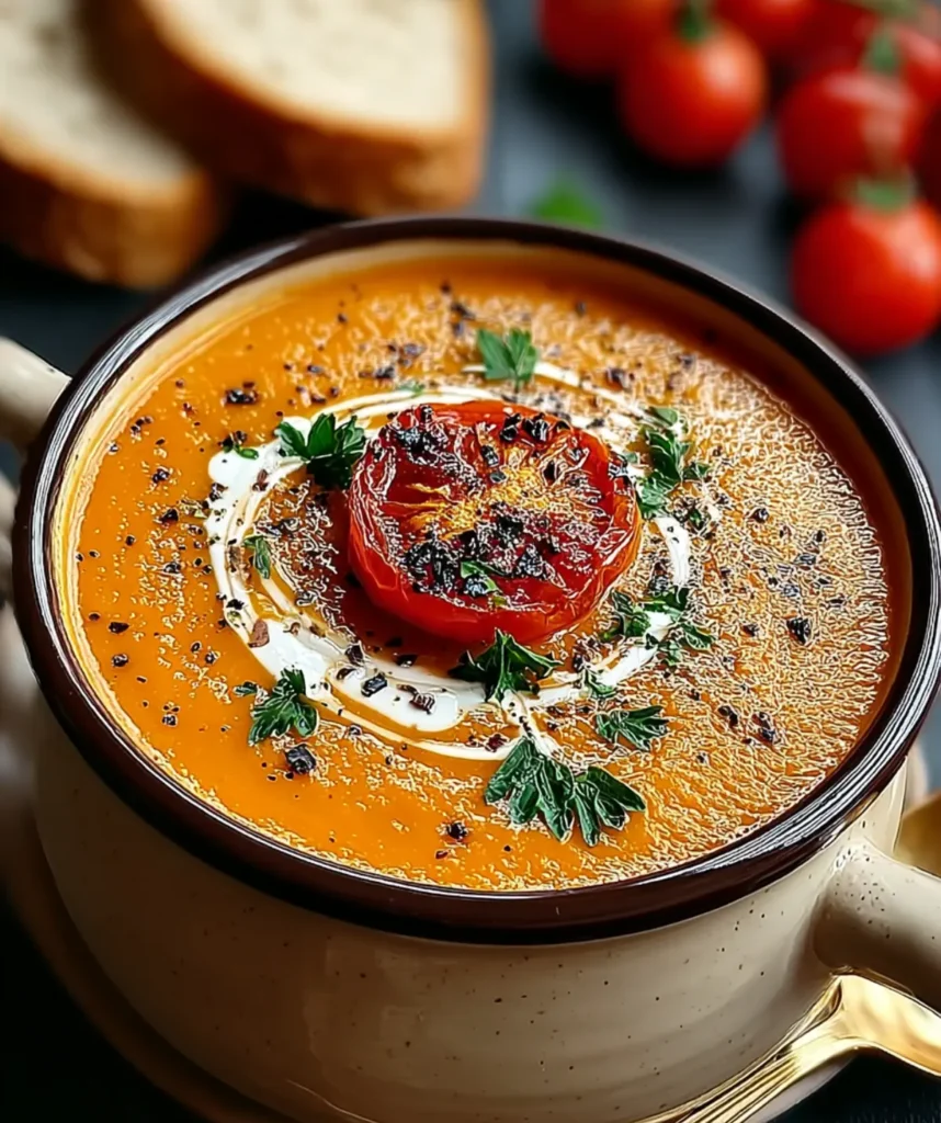 Creamy roasted garlic tomato soup served in a beige ceramic mug with roasted tomato and parsley garnish