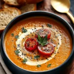 Creamy roasted tomato soup in black bowl with roasted cherry tomatoes and fresh parsley