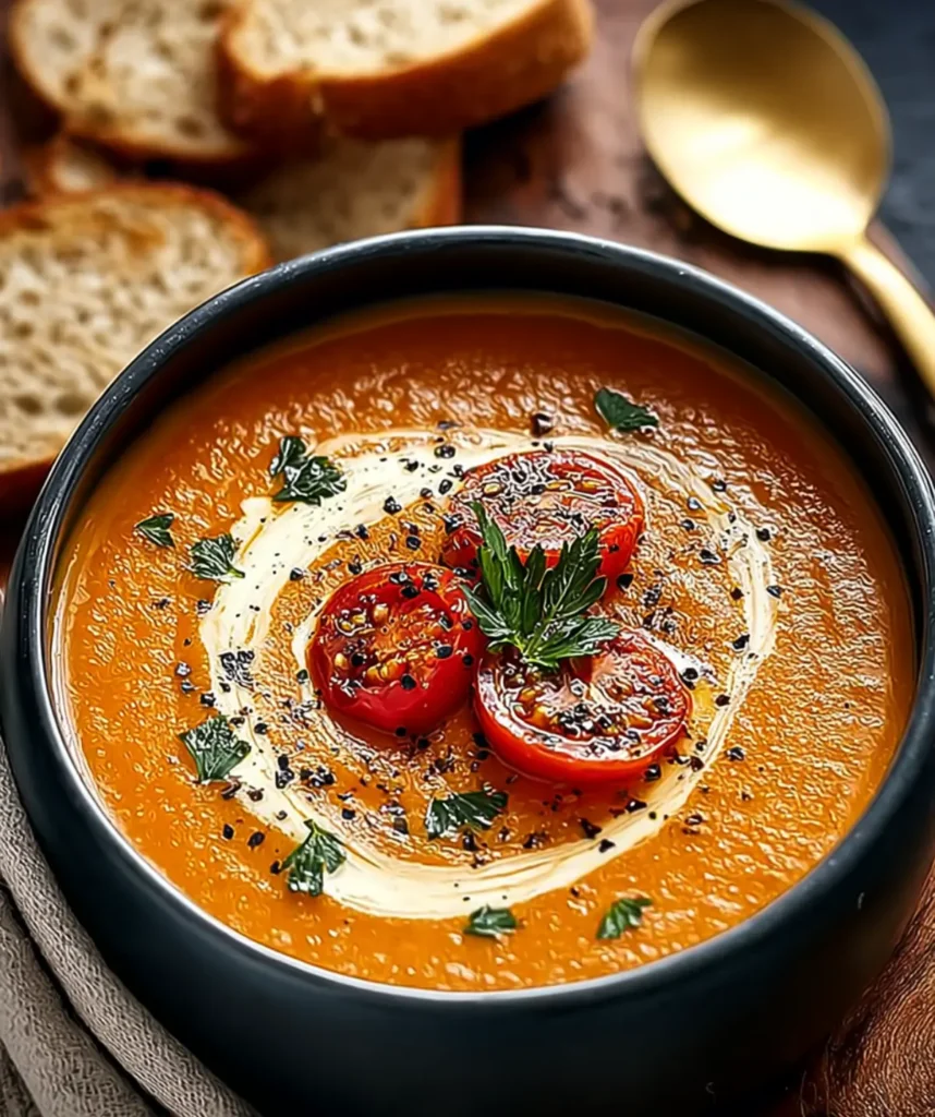 Creamy roasted tomato soup in black bowl with roasted cherry tomatoes and fresh parsley