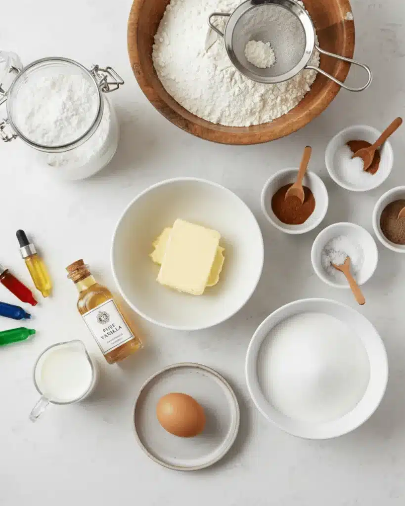 Flour, powdered sugar, granulated sugar, butter, vanilla, milk, spices, an egg, and food coloring arranged on a countertop for making decorated sugar cookies.